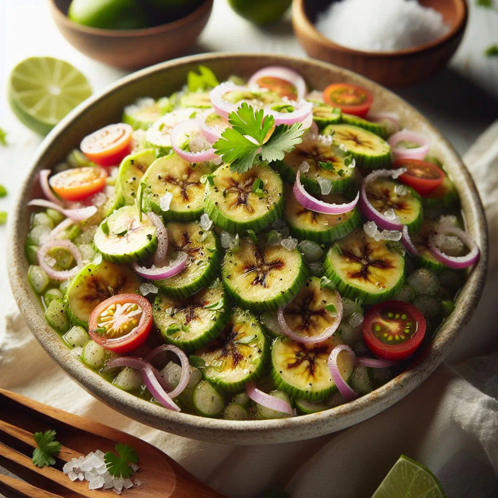Plantain ceviche with diced tomato, red onion and coriander in a bowl