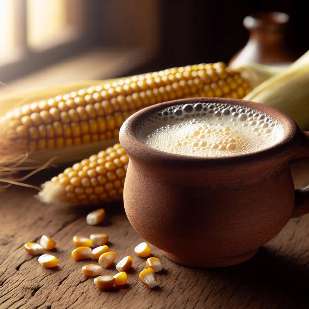 Glass of chilled pozol de maíz made from freshly ground corn