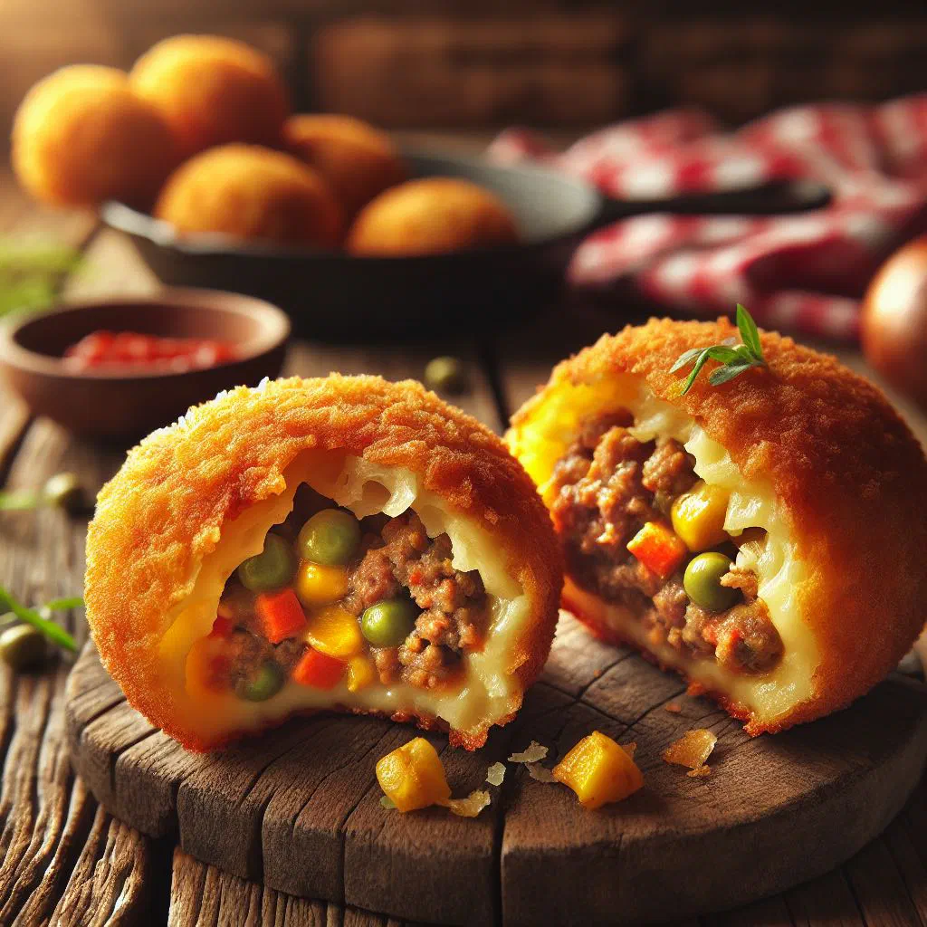 Golden fried Costa Rican relleno de papa potato balls on a plate