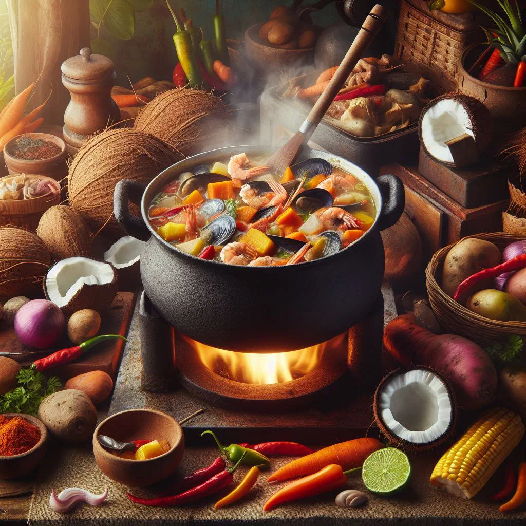 Bowl of Costa Rican rondon fish and coconut stew garnished with fresh herbs