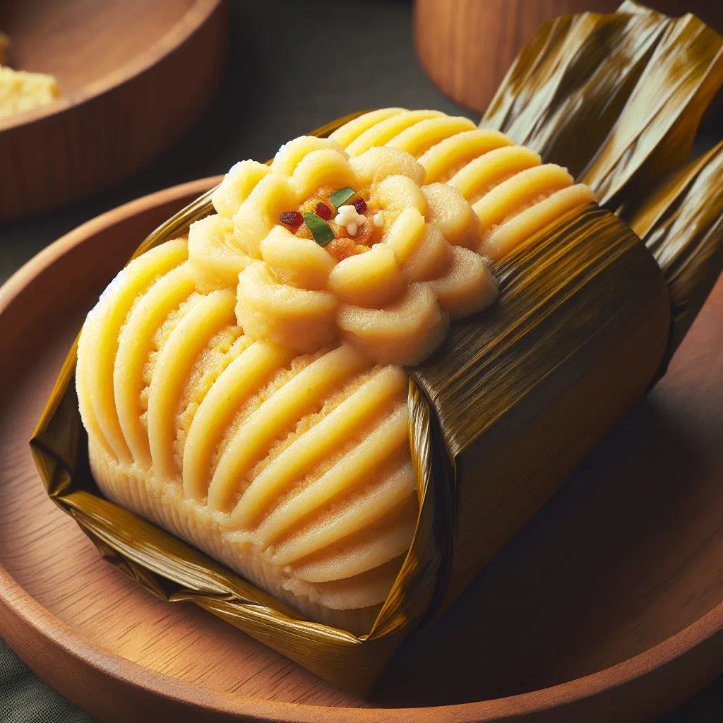 Steamed tamal de maicena parcels wrapped in leaves on a plate