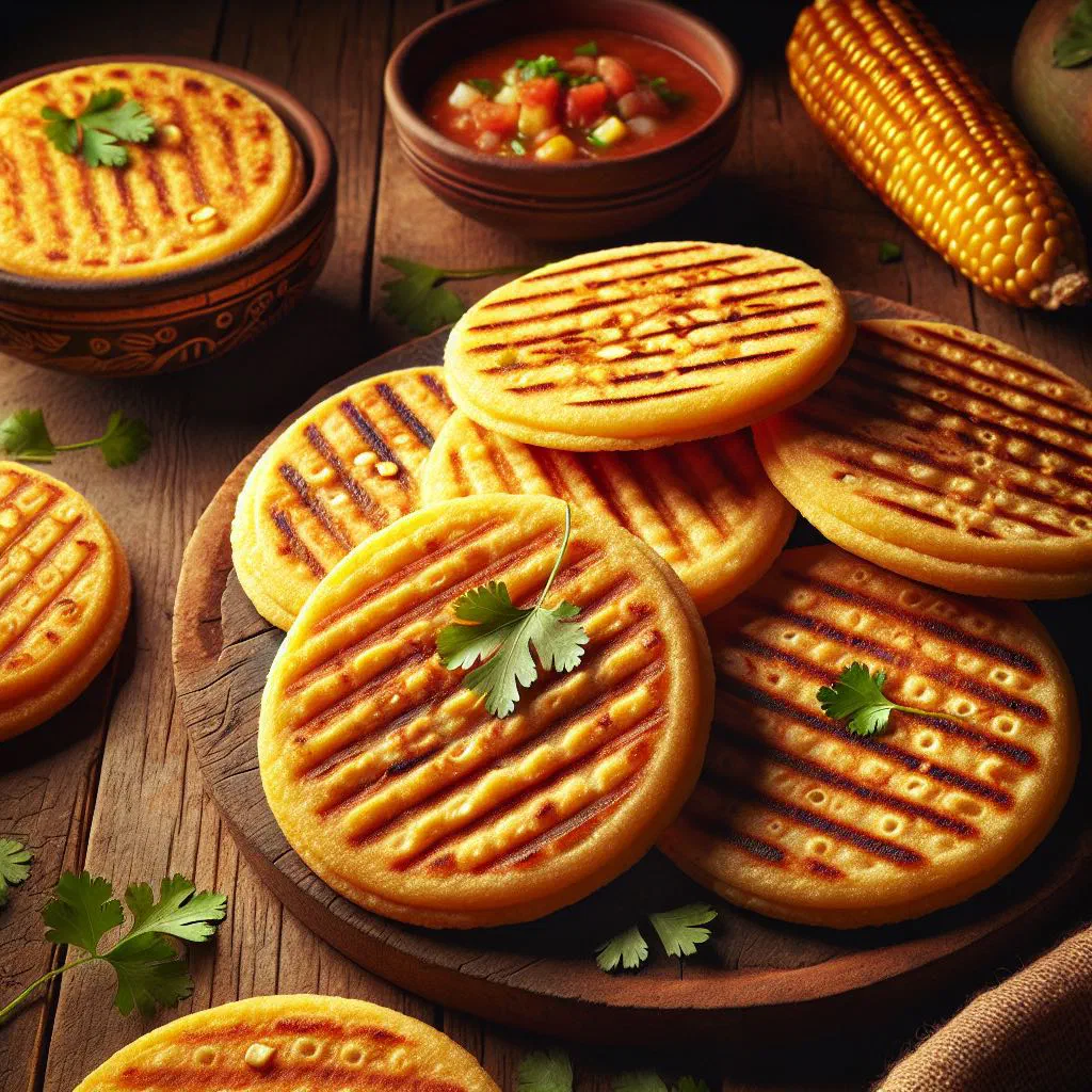 Golden fried Costa Rican corn cakes stacked on a plate