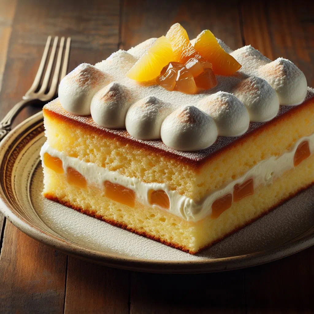 Slice of tres leches cake topped with whipped cream on a plate