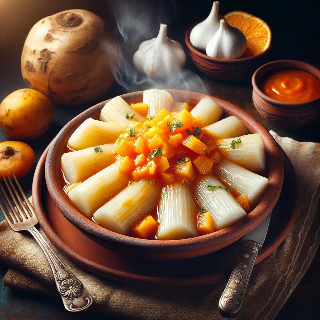Tender yuca pieces tossed in garlic oil and garnished with fresh herbs