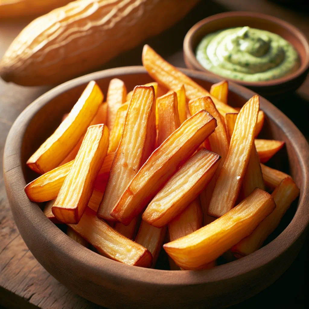 Golden fried yuca frita sticks served with a wedge of lime
