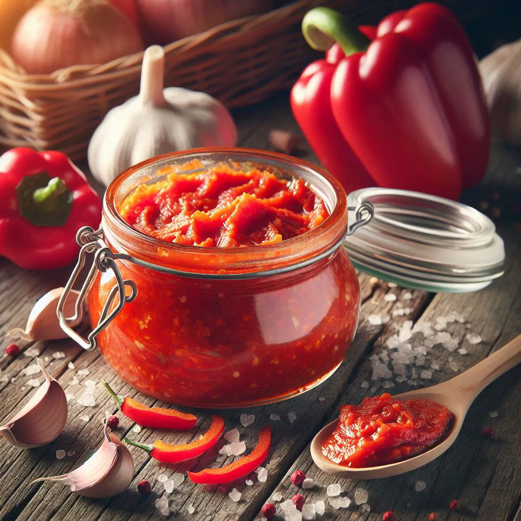 A jar of deep-red ajvar made from roasted peppers, served with bread