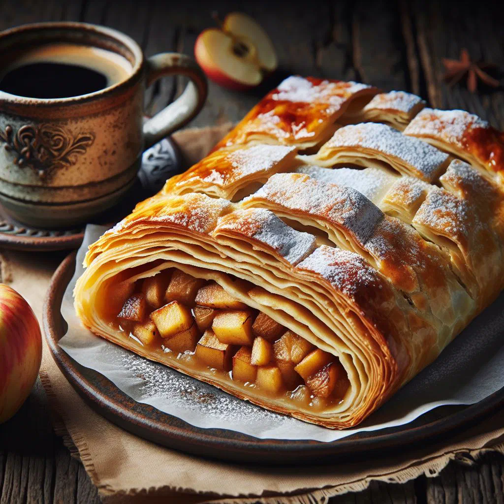 Slices of golden Croatian apple strudel dusted with icing sugar