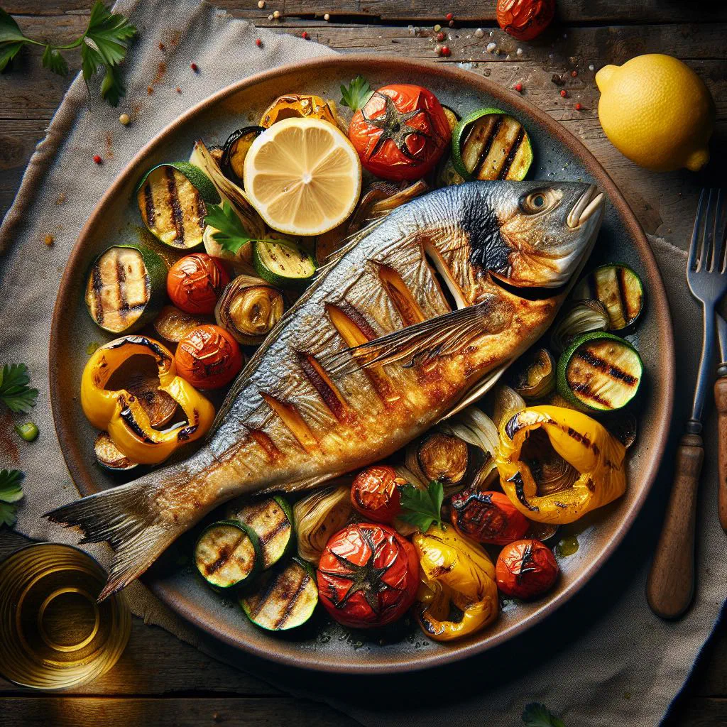 Whole baked fish on a bed of roasted Mediterranean vegetables with lemon