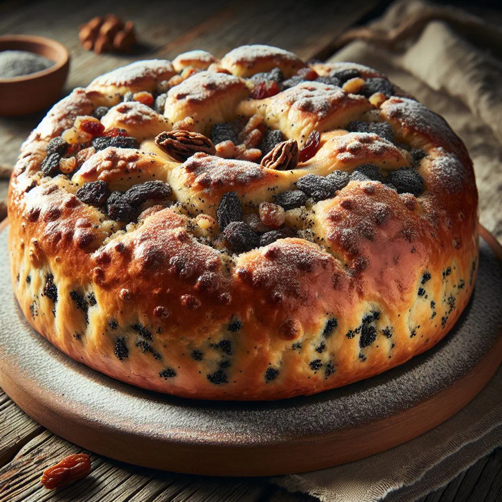 Rustic Croatian Biskupski Kruh loaf with a golden, crusty top