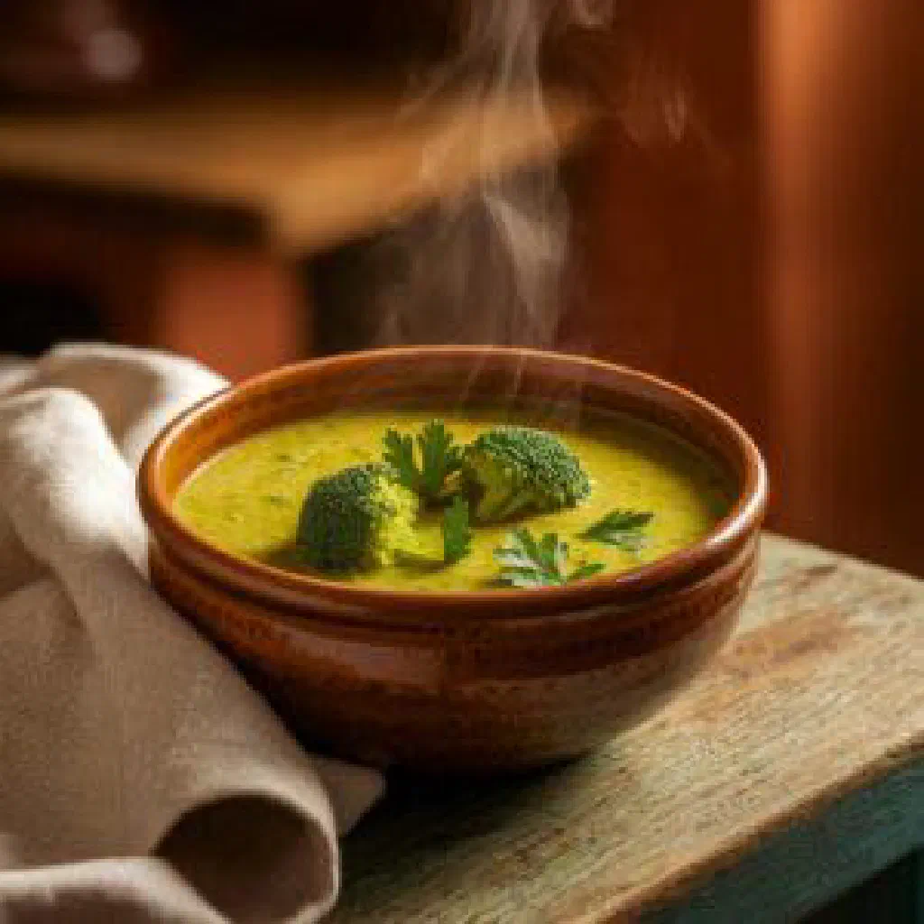 A bowl of creamy Croatian broccoli soup drizzled with olive oil