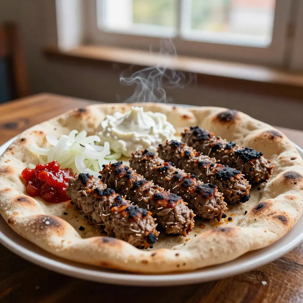 Grilled cevapcici served with flatbread, chopped onions and ajvar