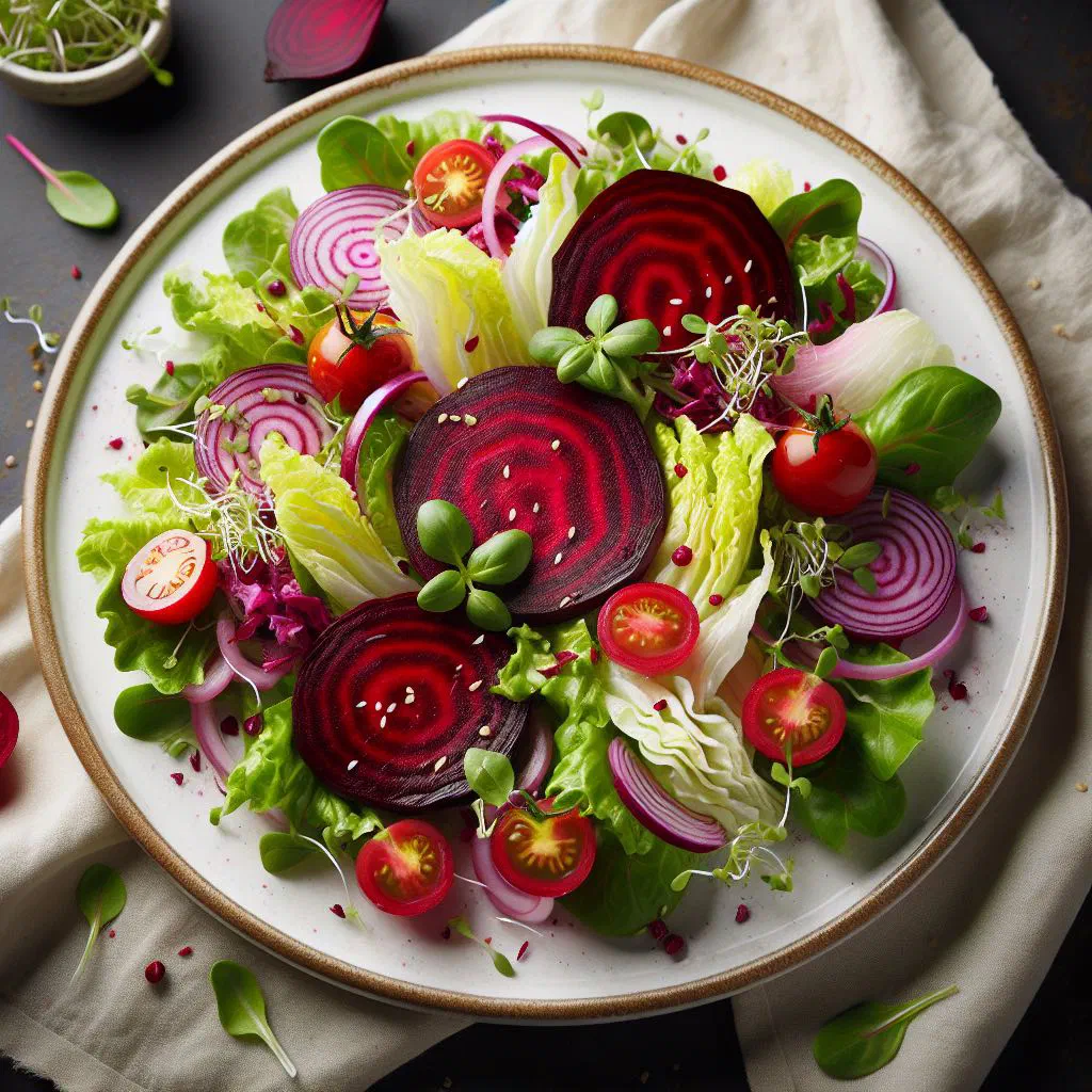 Bowl of bright red Croatian beetroot salad dressed with oil and vinegar