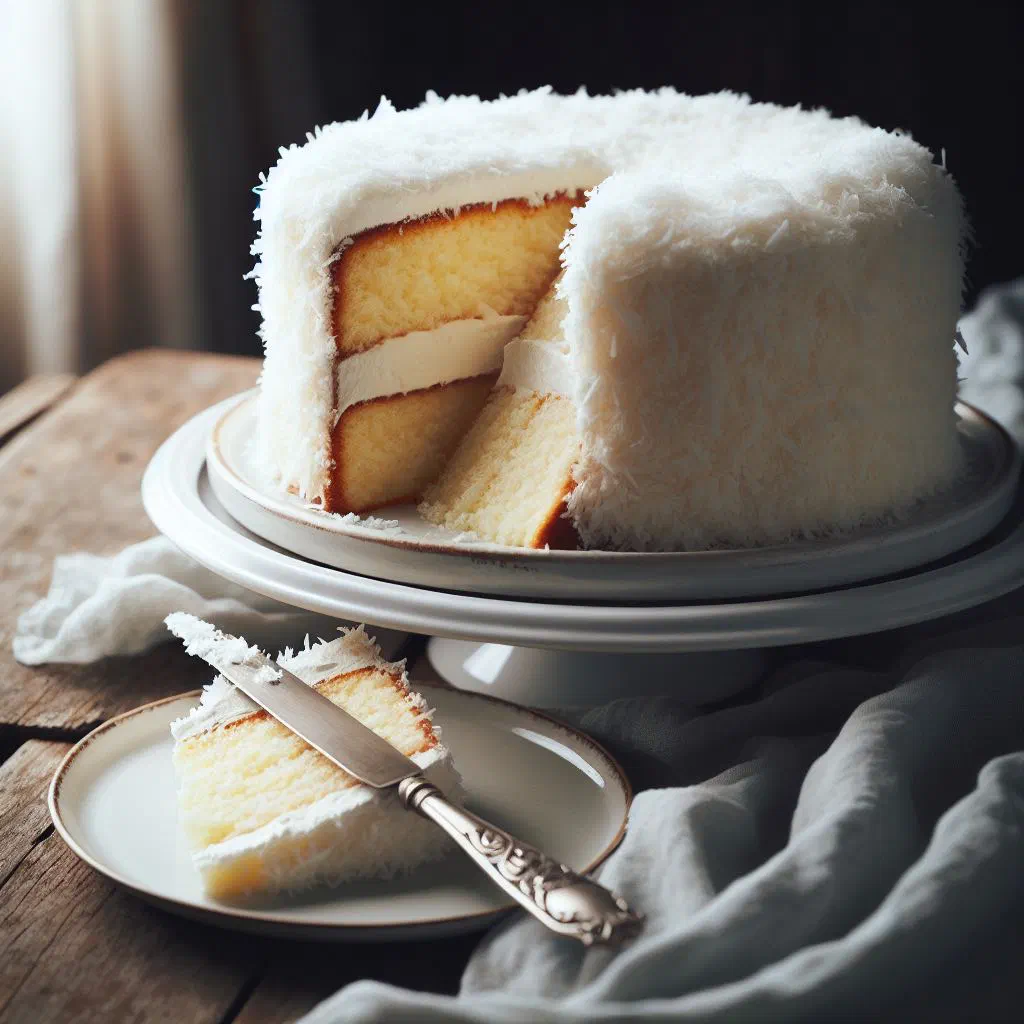 Slices of moist Croatian coconut cake dusted with icing sugar