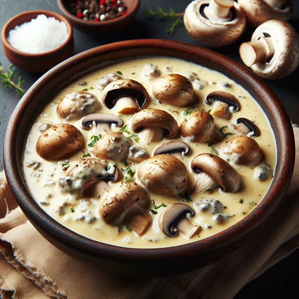 A bowl of creamy Croatian mushroom soup garnished with fresh parsley