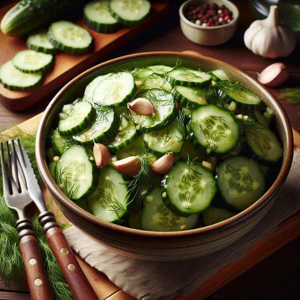 Sliced cucumber salad with onion and dill in a light vinaigrette