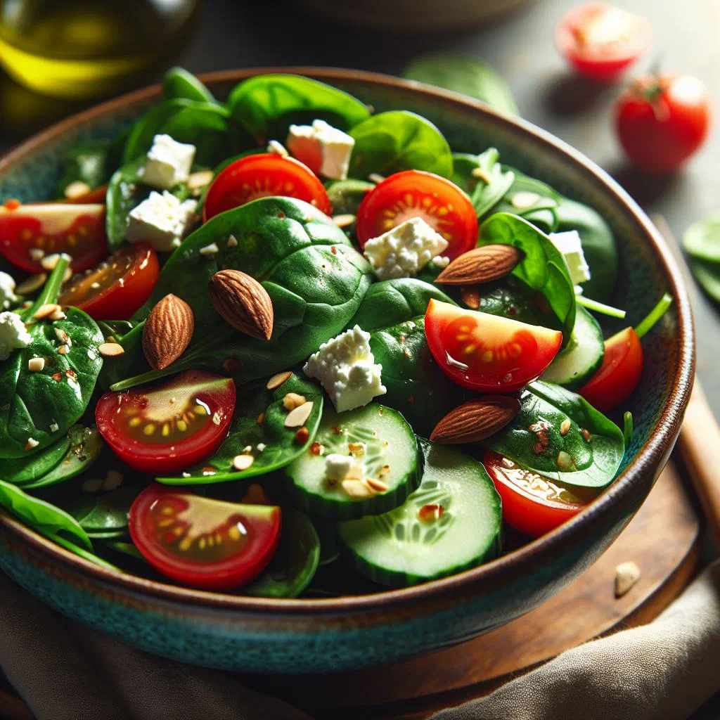 Fresh spinach salad with crumbled feta, walnuts and a balsamic dressing