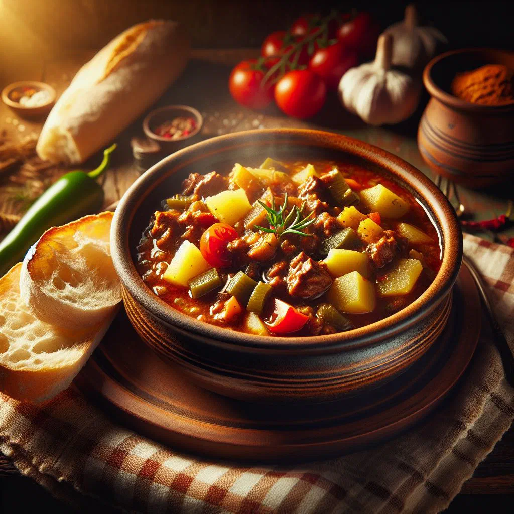 Bowl of Croatian beef goulash garnished with fresh parsley