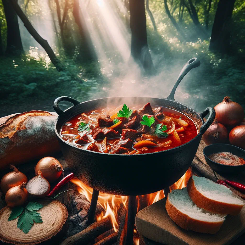 Croatian hunter's paprikash, a rich game stew with peppers and paprika, garnished with parsley