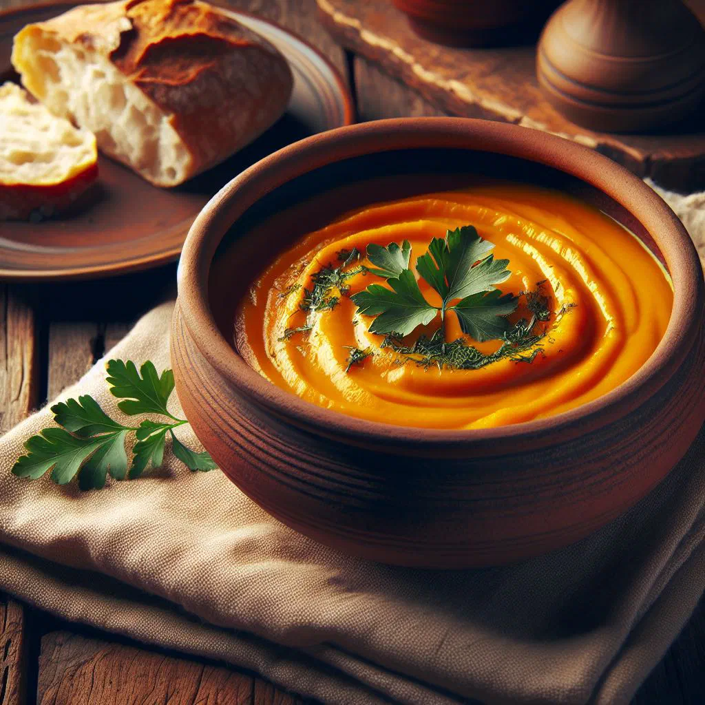 A bowl of creamy Croatian pumpkin soup garnished with seeds and herbs