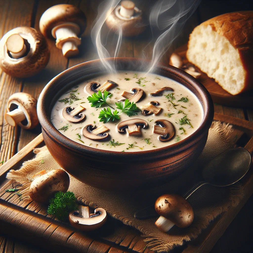 Creamy Croatian mushroom soup garnished with fresh herbs