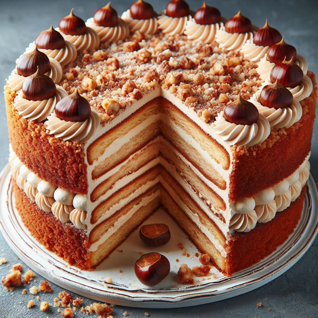 Slice of Croatian chestnut cake dusted with icing sugar