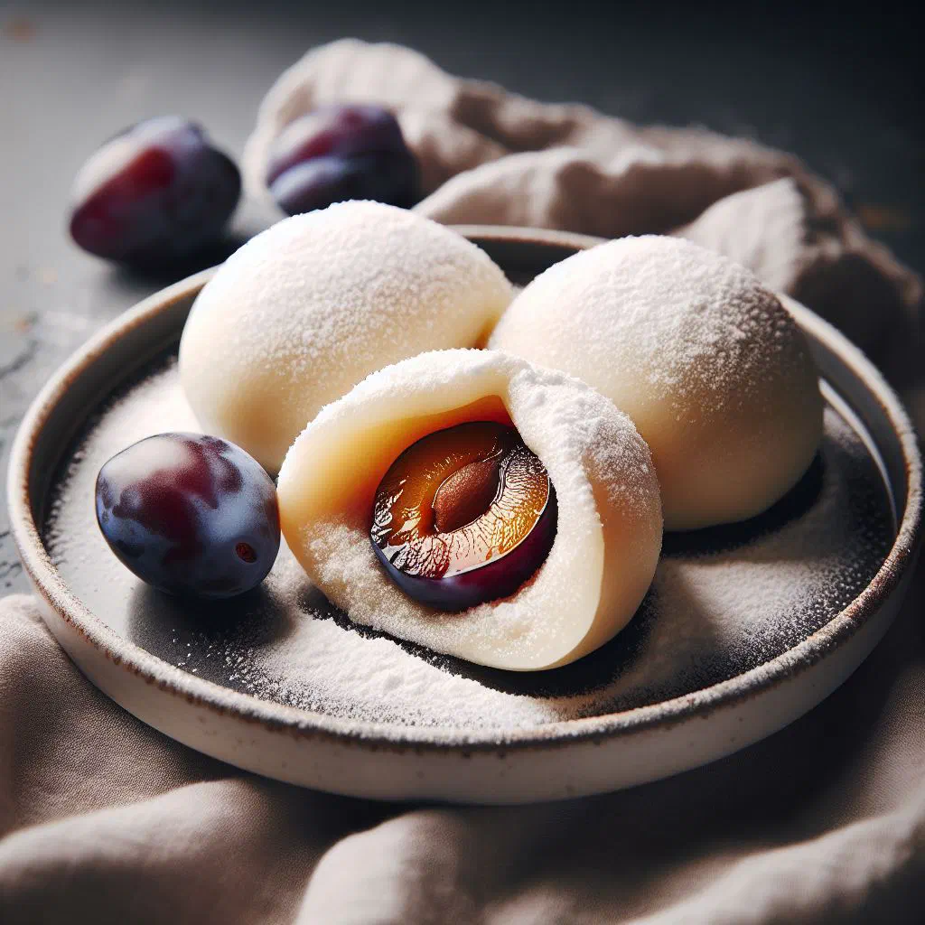 Croatian plum dumplings dusted with sugar and golden breadcrumbs