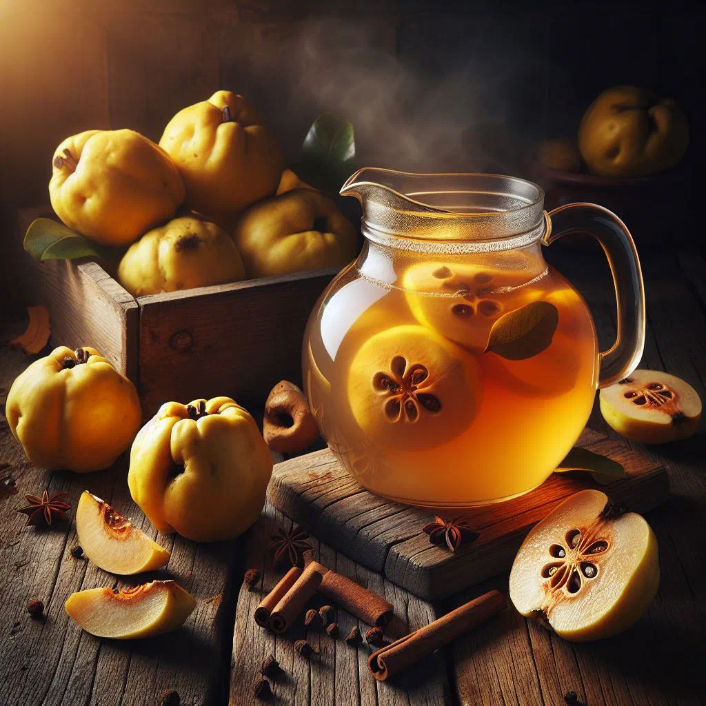 Bowl of golden quince compote dusted with cinnamon