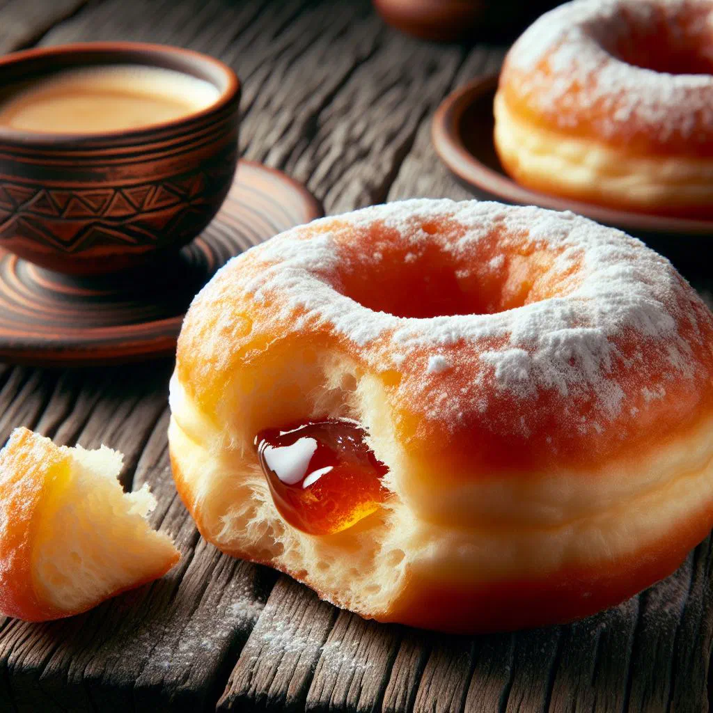 Golden Croatian krafne doughnuts dusted with icing sugar