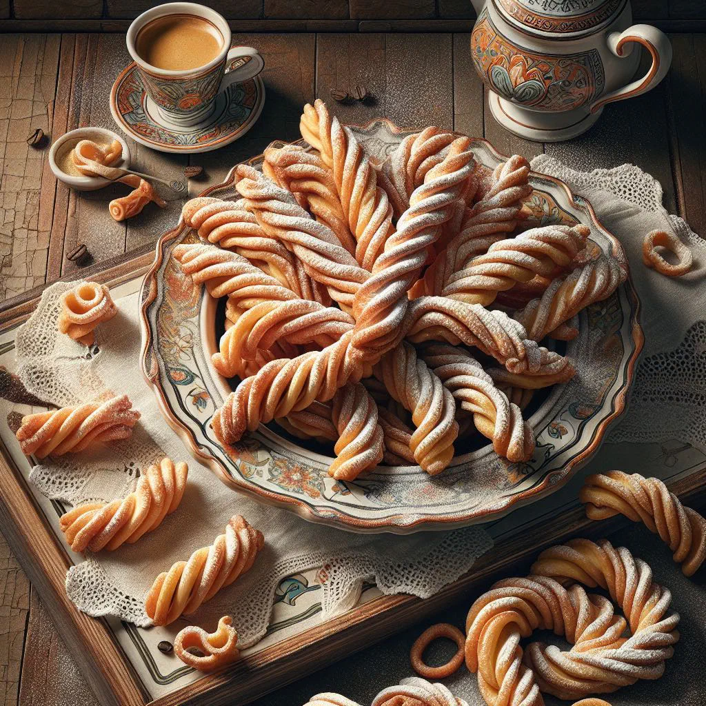 Crisp ribbons of fried krostule pastry dusted with icing sugar