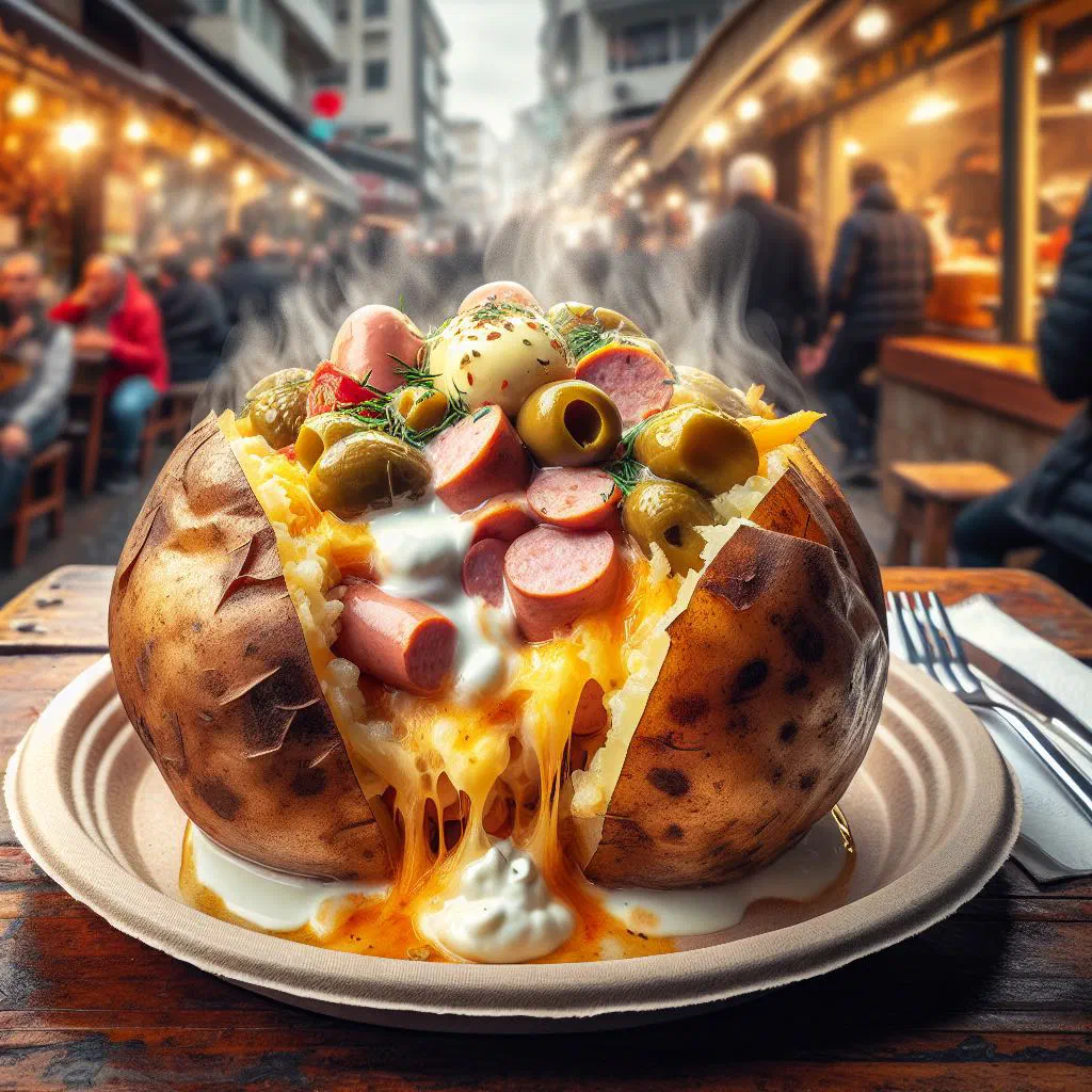 Loaded Croatian kumpir baked potato topped with cheese, vegetables and soured cream