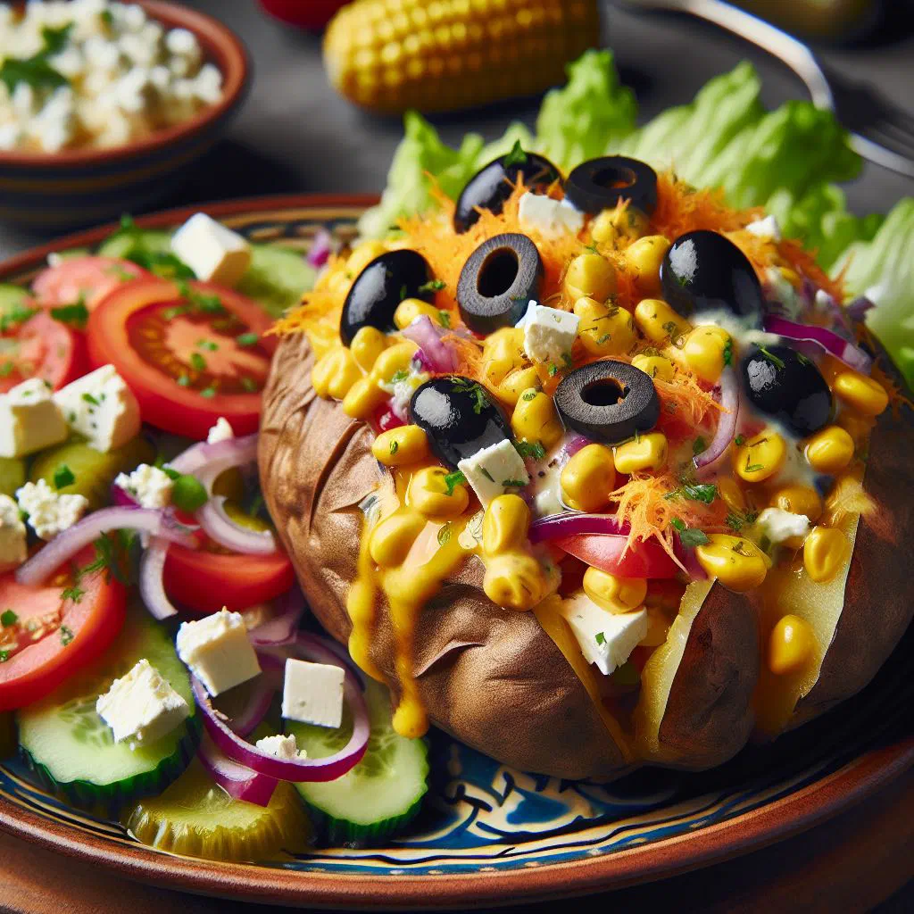 Croatian kumpir salata with baked potatoes, sweetcorn and a creamy yoghurt dressing
