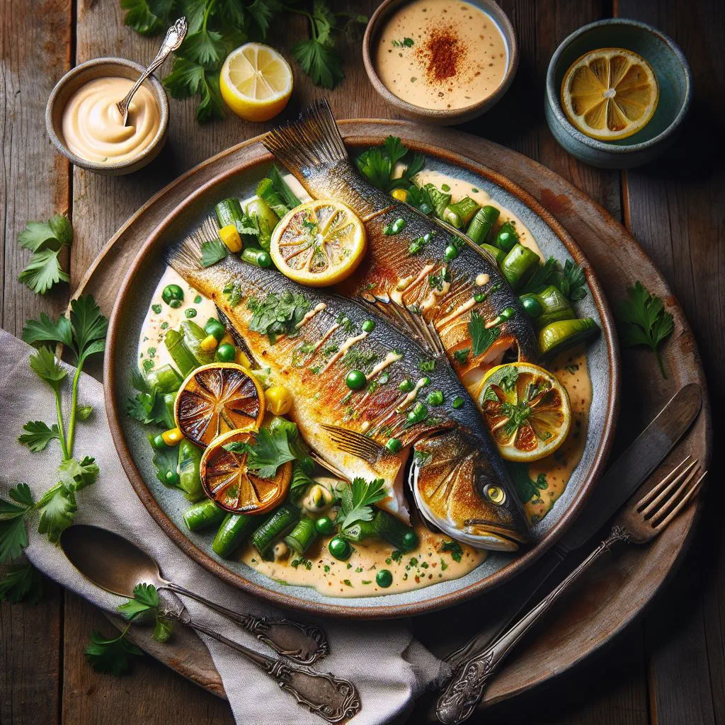 Poached white fish with lemon, fresh herbs and vegetables on a plate