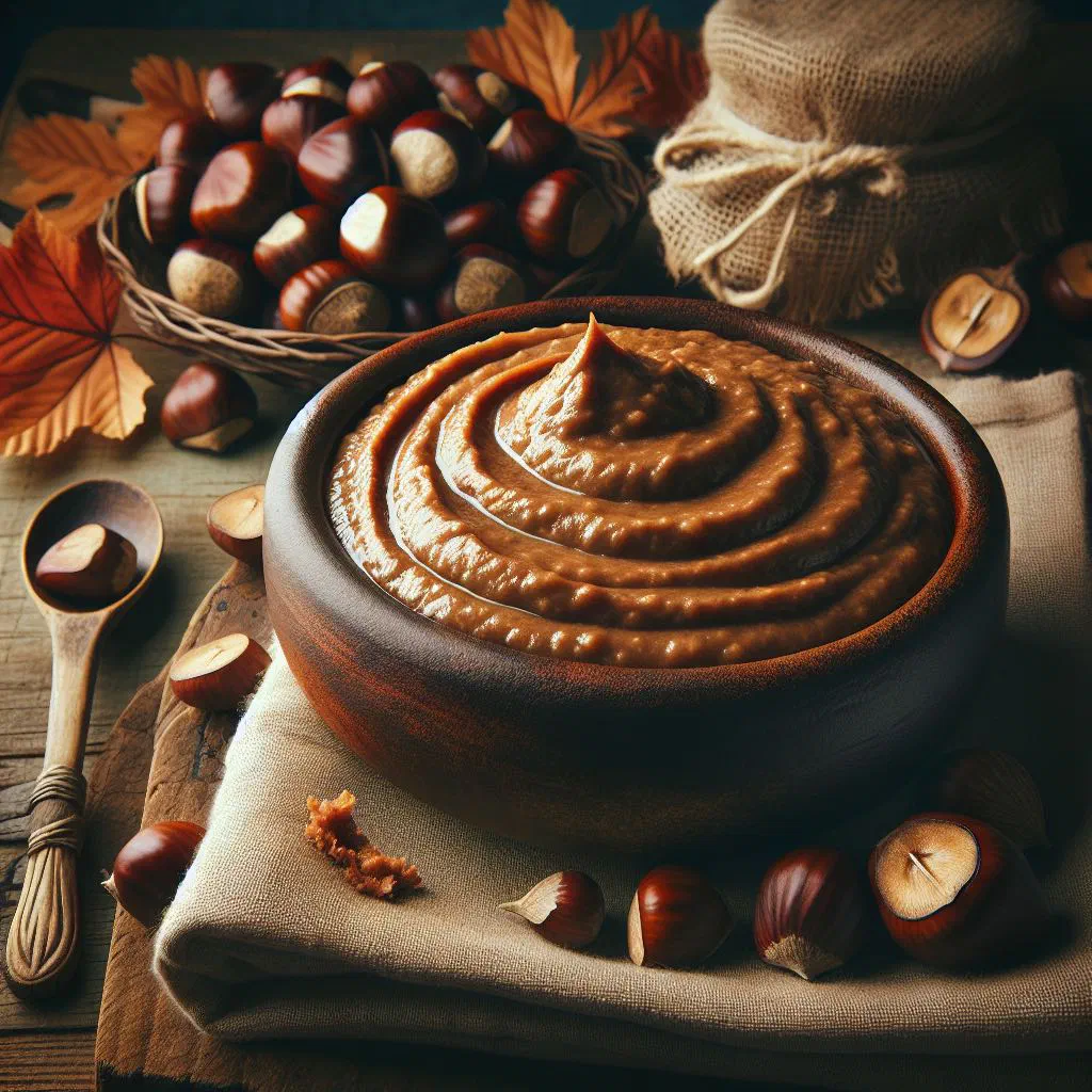 Bowl of smooth Croatian chestnut purée topped with chopped nuts
