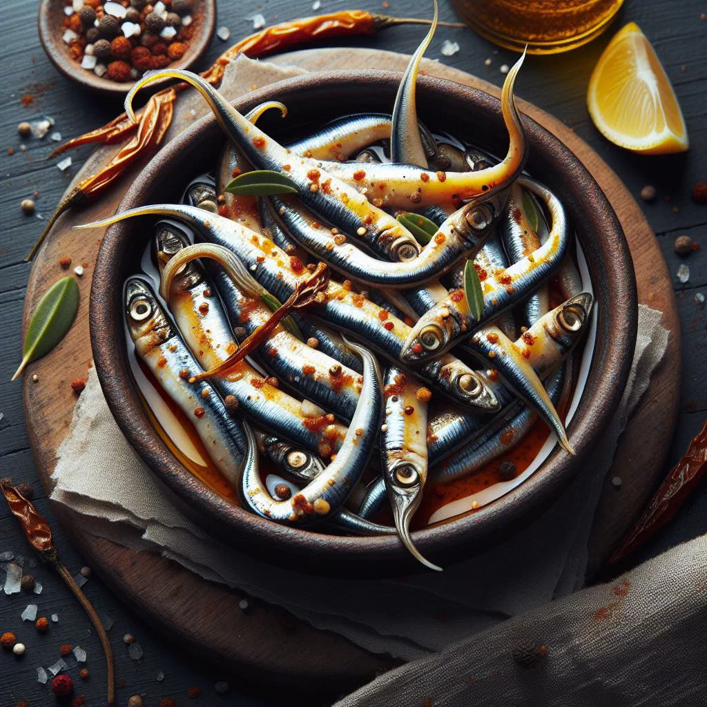 Marinated sprats with onion rings, garlic and fresh parsley on a plate