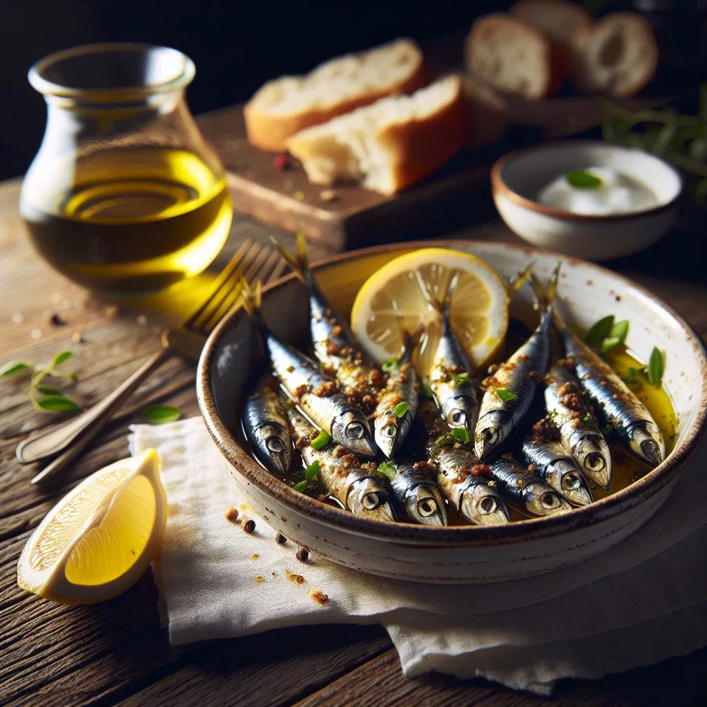 Marinated sprats with onion rings, garlic and fresh herbs on a serving plate