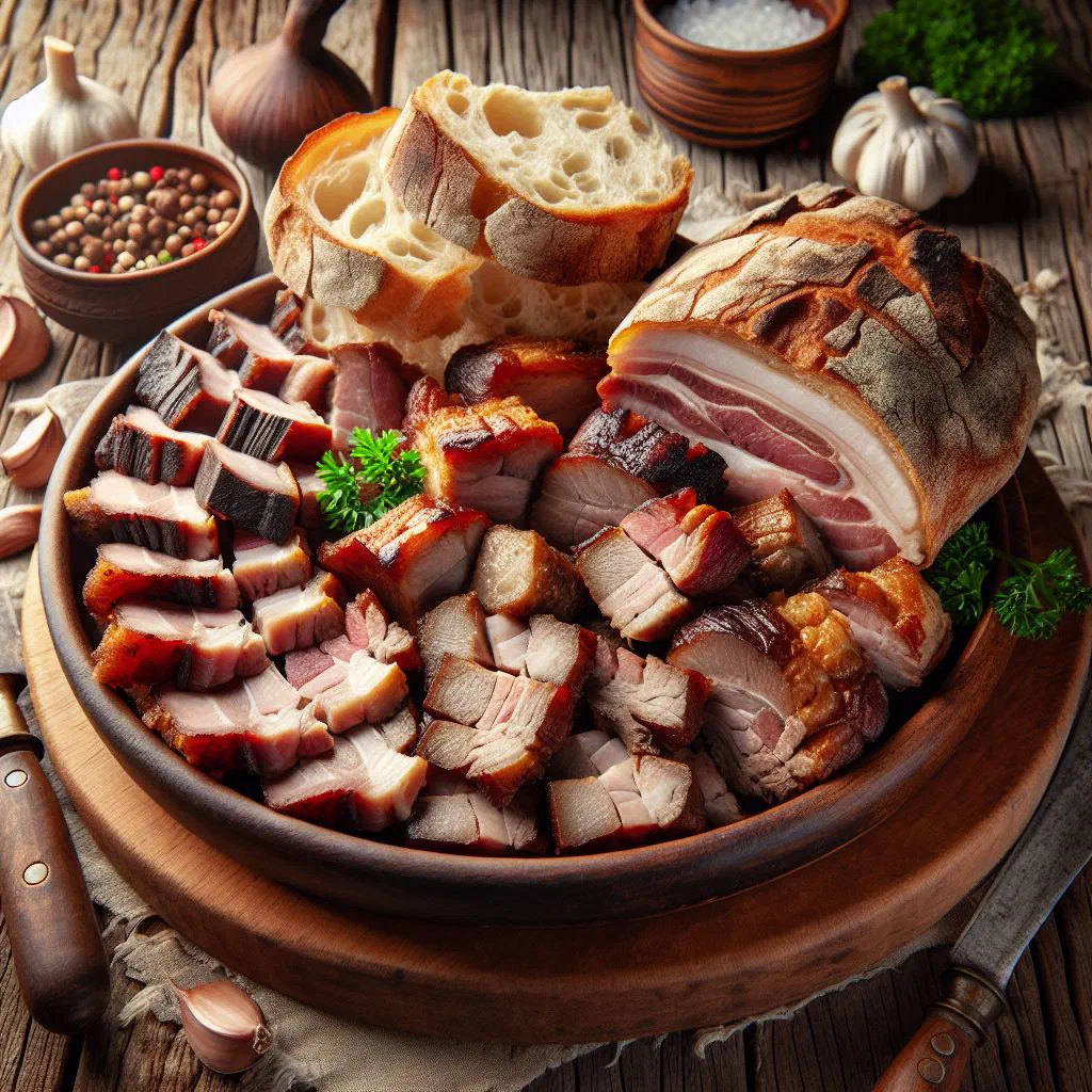 Tender slow-cooked meat served with fresh bread in a rustic wooden bowl