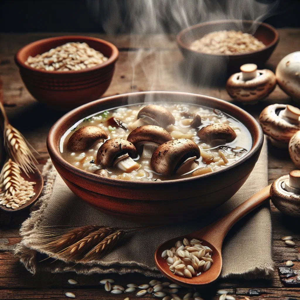 A bowl of Croatian mushroom and barley soup garnished with fresh herbs