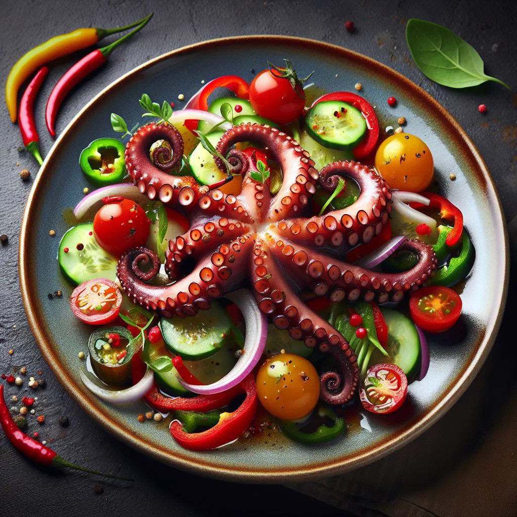 Croatian octopus salad with peppers, onion and fresh parsley