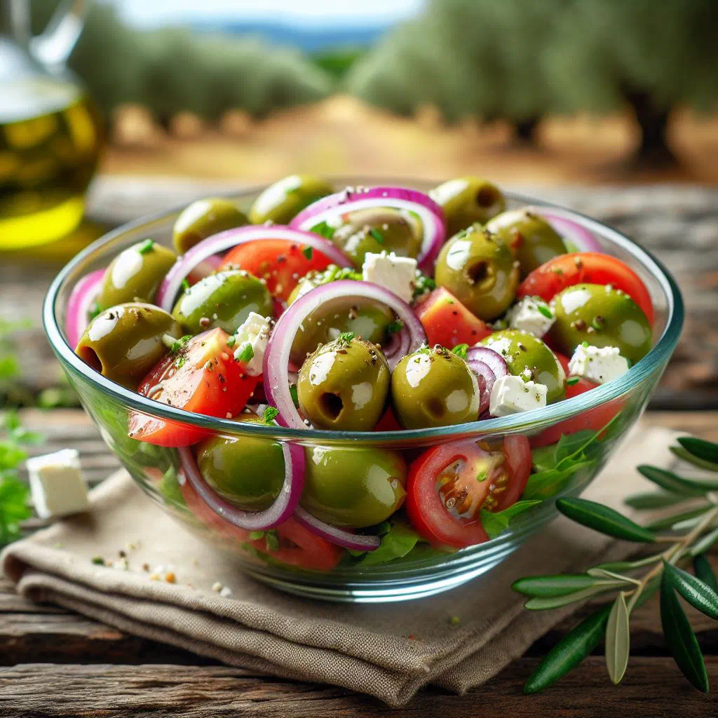 Croatian olive salad with green and black olives, tomato and red onion