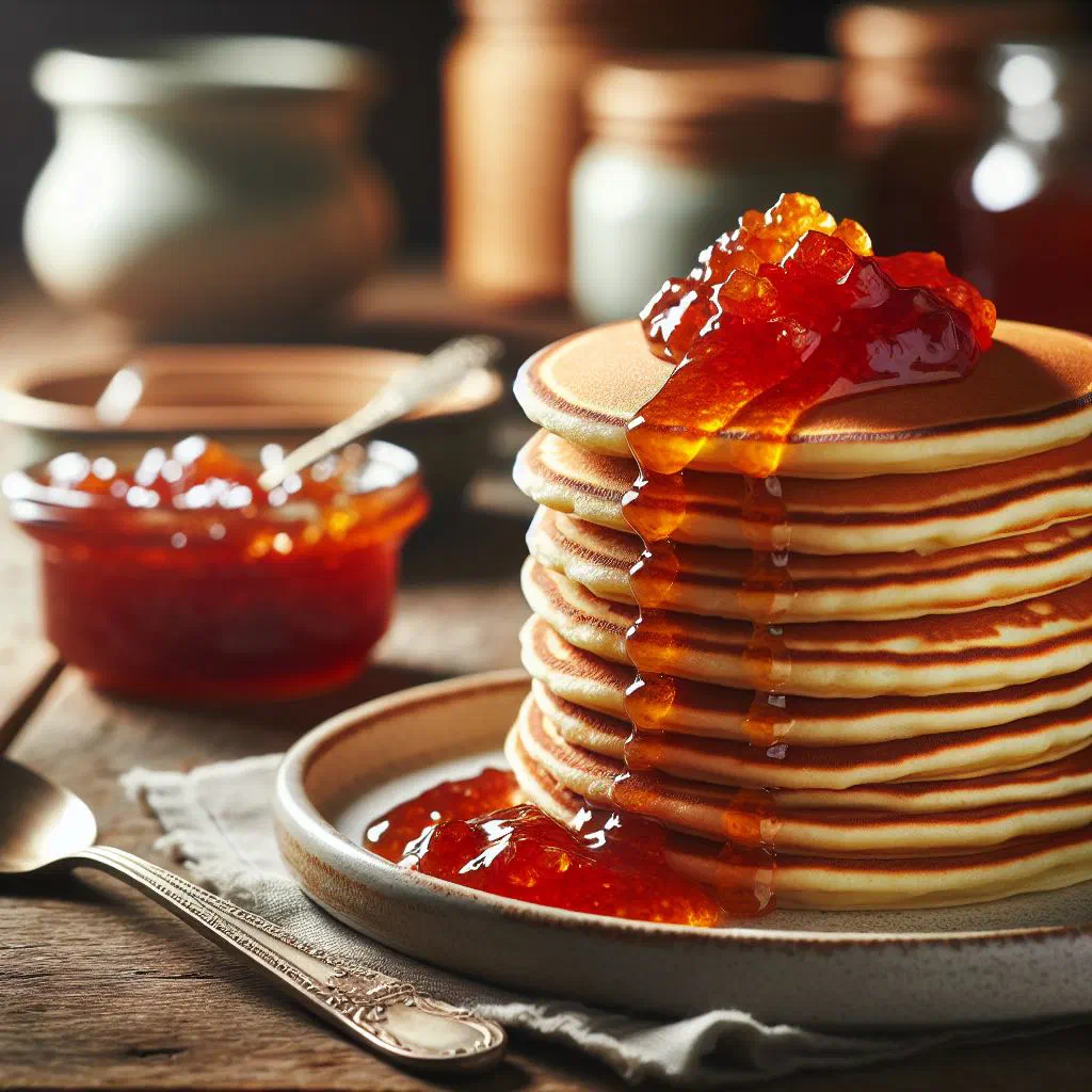 Thin Croatian pancakes rolled and filled with fruit jam, dusted with icing sugar