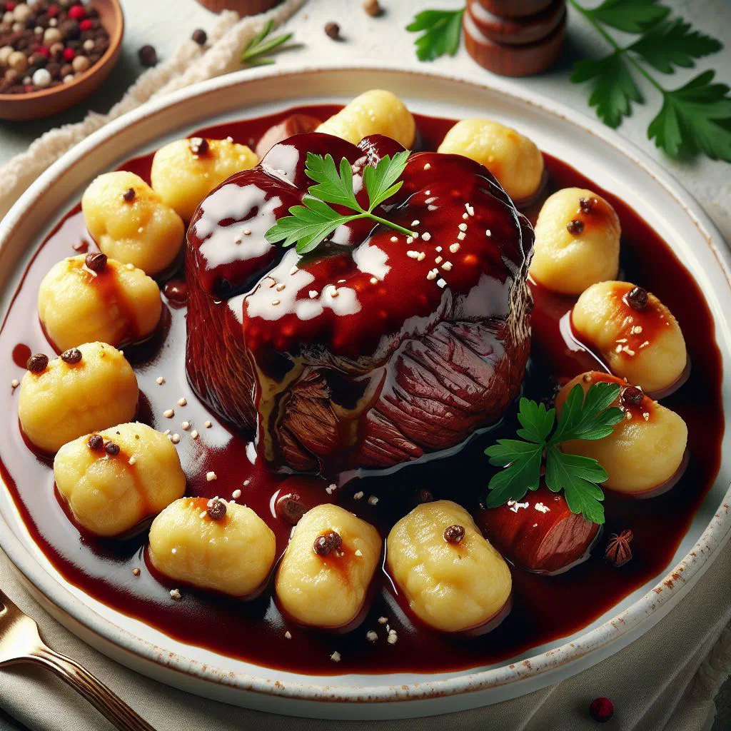 Sliced braised beef pašticada in a rich red wine sauce with carrots