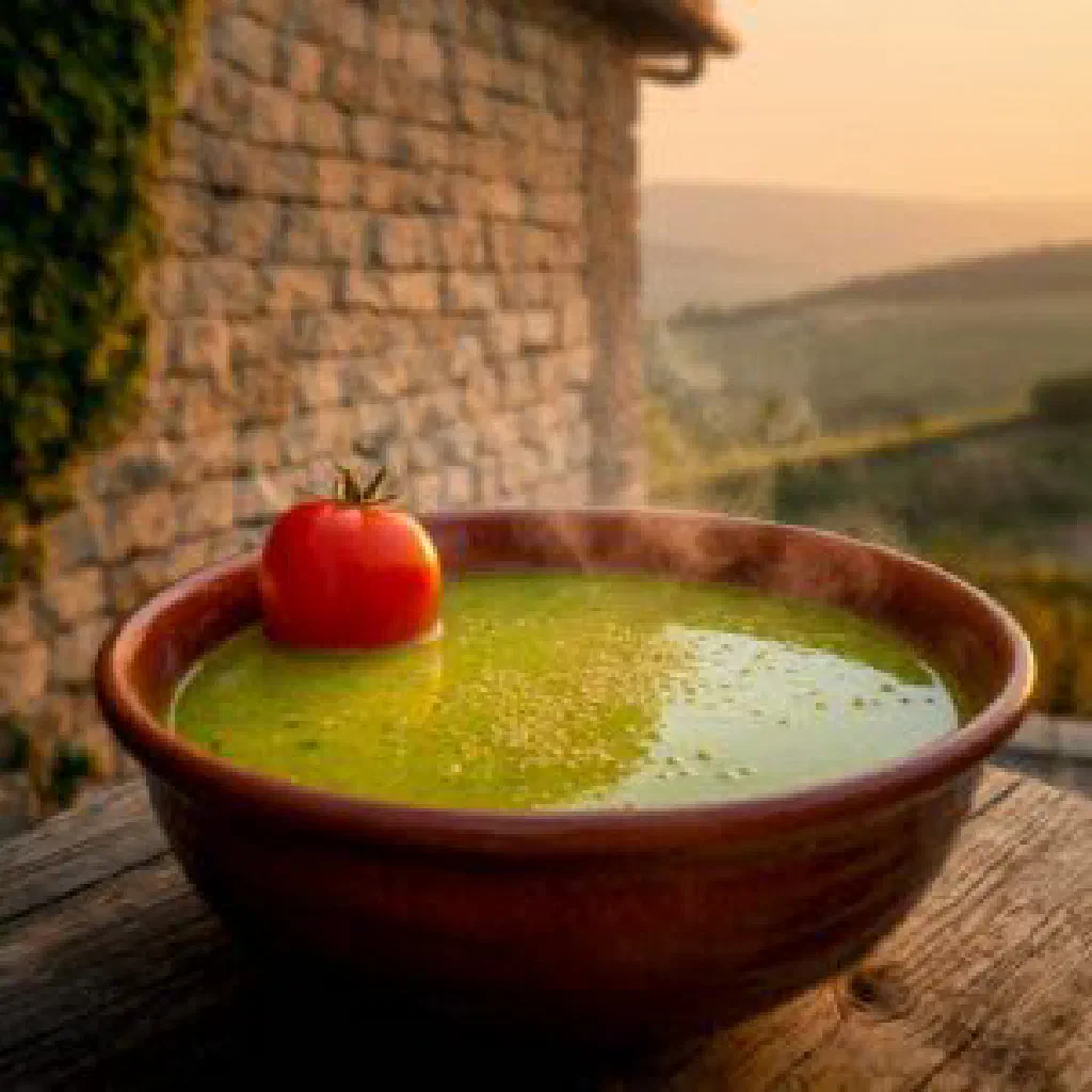 Bowl of creamy Croatian green pea soup garnished with fresh parsley