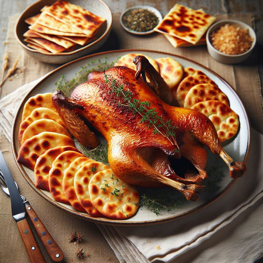 Roast duck carved and served with golden mlinci flatbread