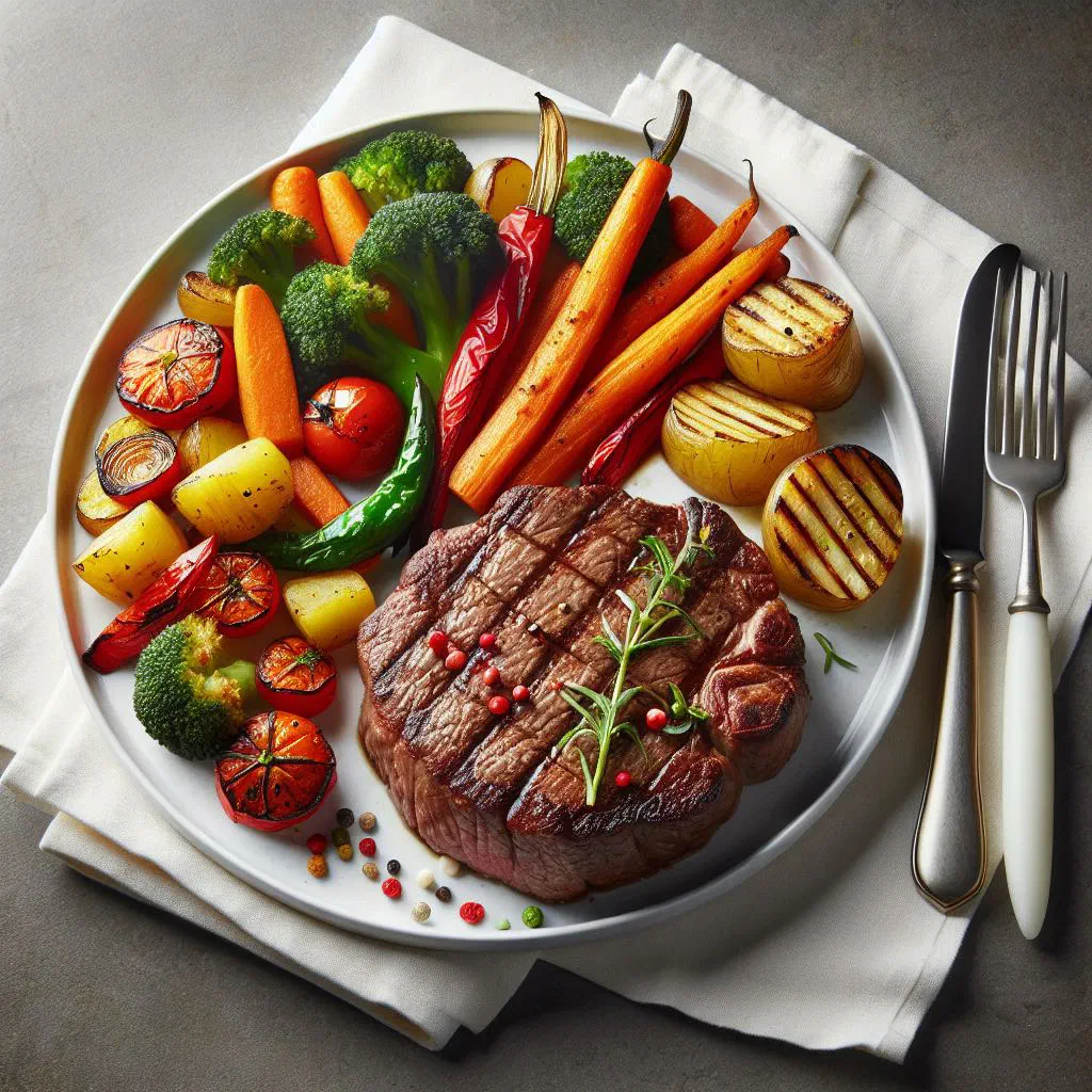 Pan-seared beef steak served with a colourful medley of fresh vegetables