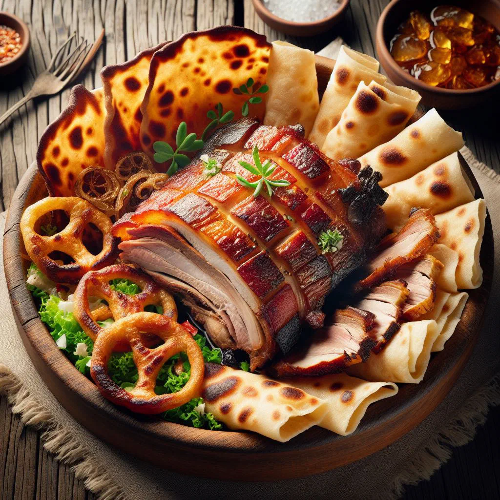 Crispy roast suckling pig served with sauce-soaked mlinci pasta sheets