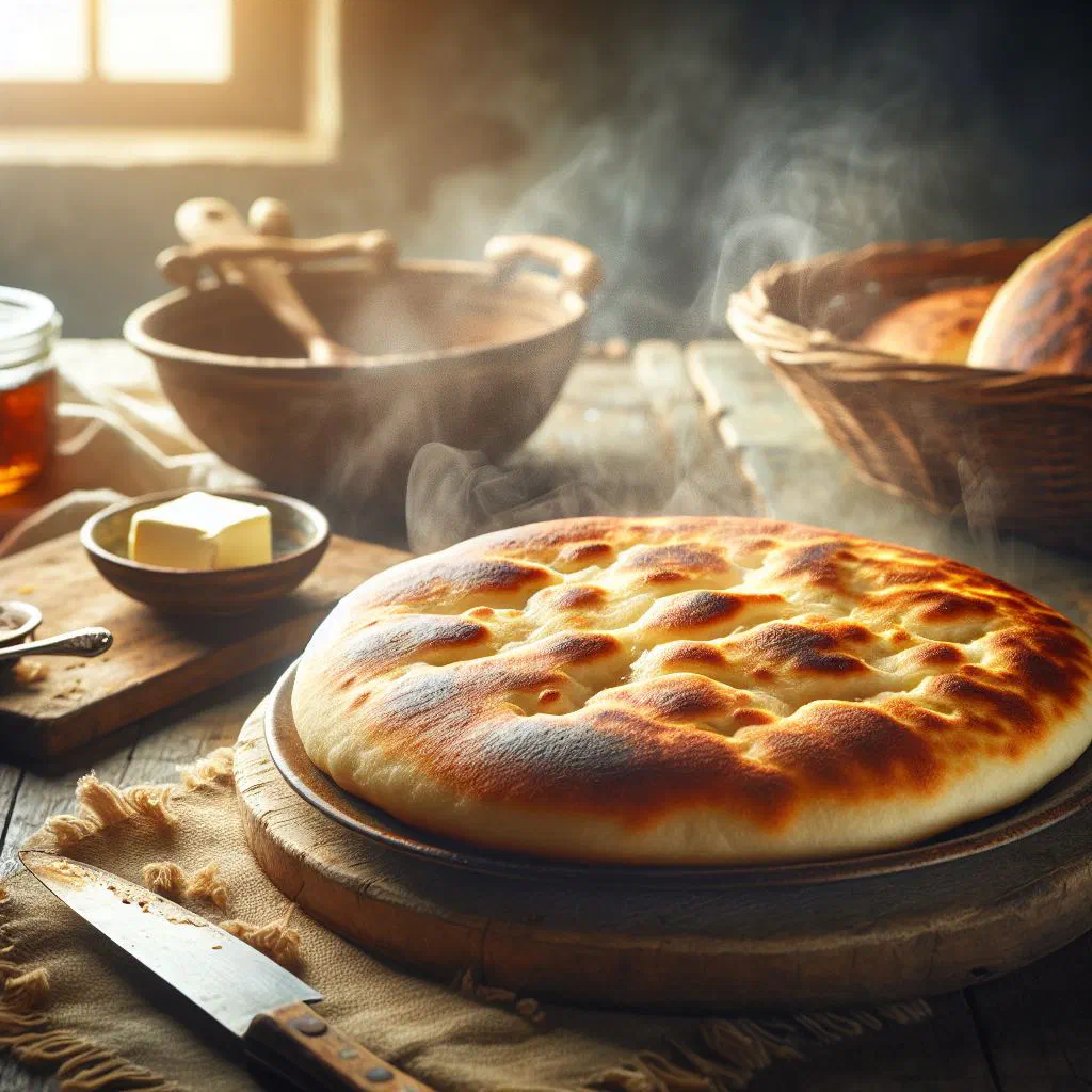 Golden Croatian pogača flatbread with a crisp crust on a wooden board
