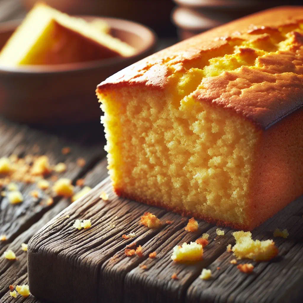 Golden baked Croatian proja cornbread sliced on a wooden board