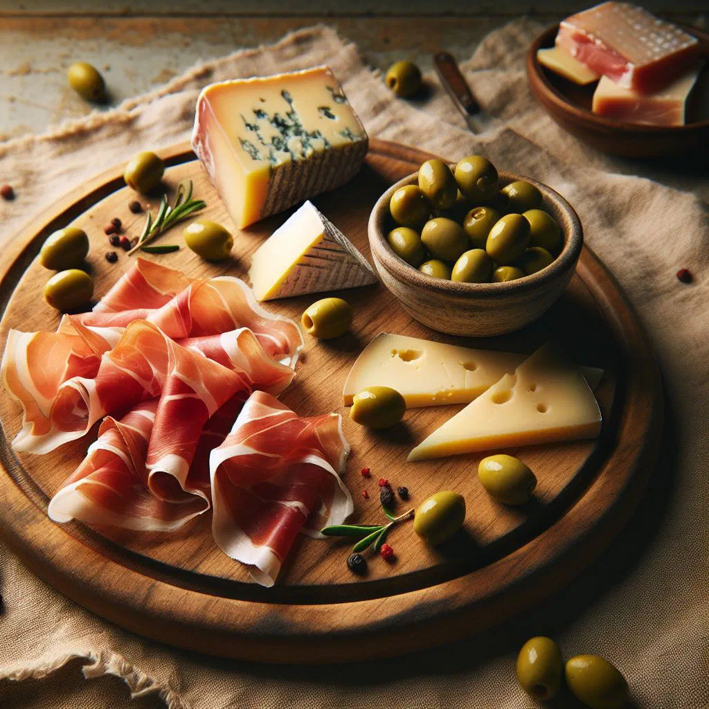 Platter of Croatian cured ham, cheese and olives drizzled with olive oil