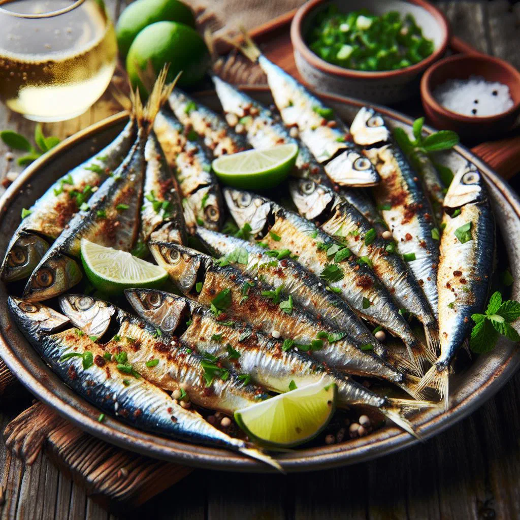 Crispy fried sardines served with lemon wedges and parsley