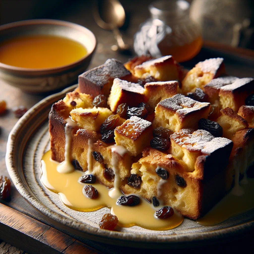 Baked Croatian bread pudding studded with fruit in a dish
